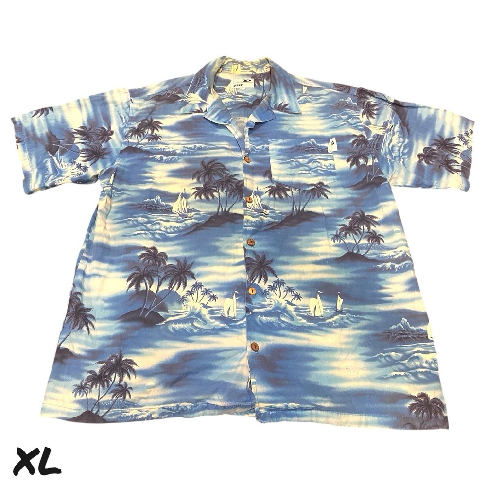 Good Vibes Hawaiian Shirt XL Blue Tropical Palm Trees Sailboats Aloha Beach‎ Vtg